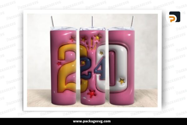 3D Pink 2024 Sublimation, 20oz New Year Skinny Tumbler Wrap Free Download