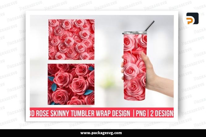 3D Pink Rose Sublimation Design, 20oz Skinny Tumbler Wrap (2)