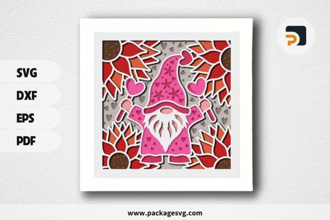 3D Pink Valentine Gnome Shadowbox, SVG Paper Cut File (1)