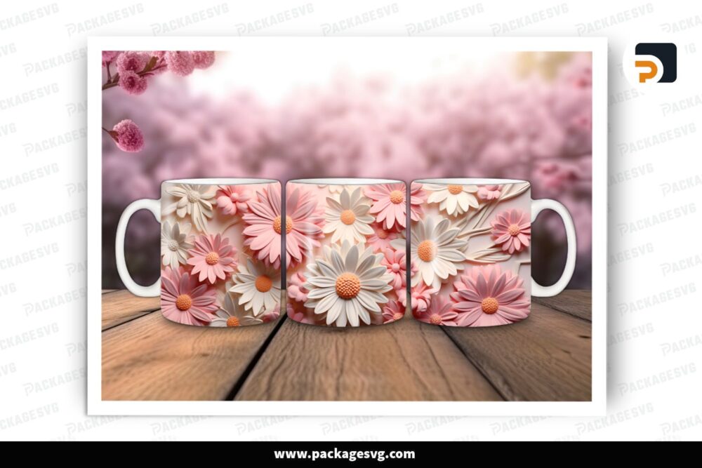 3D Pink White Daisy Sublimation Design, 11oz 15oz Skinny Mug Wrap LRUFZNUO