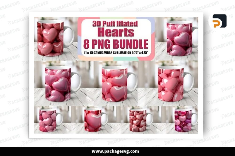 3D Puff Hearts Sublimation Design Bundle, 8 11oz 15oz Valentine Skinny Mug Wrap (2)