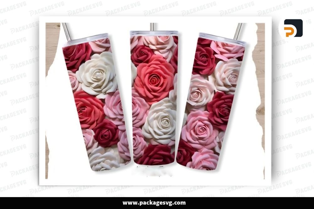 3D Roses Valentine Sublimation Design, 20oz Skinny Tumbler Wrap (2)