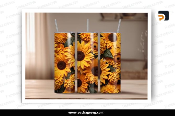 3D Sunflower Sublimation Design, 20oz Skinny Tumbler Wrap (1)