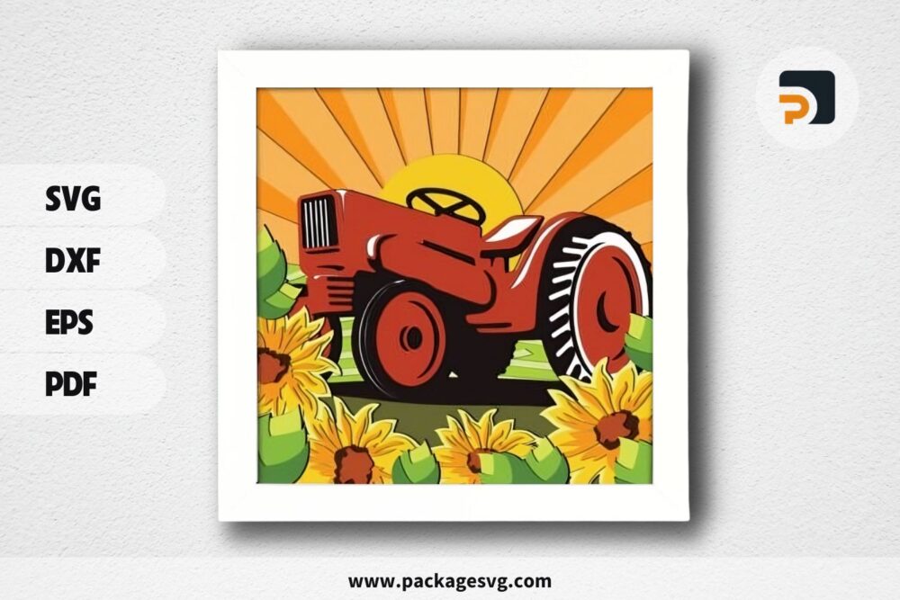 3D Tractor Shadowbox, Sunflower SVG Paper Cut File LR7208MY (1)