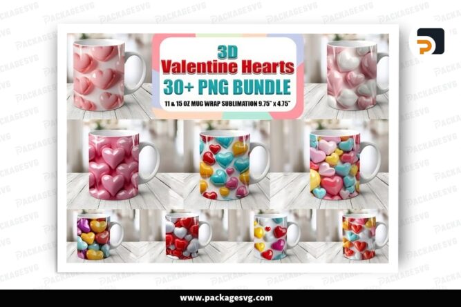 3D Valentine Hearts Sublimation Bundle, 30 11oz 15oz Valentine Skinny Mug Wrap (4)