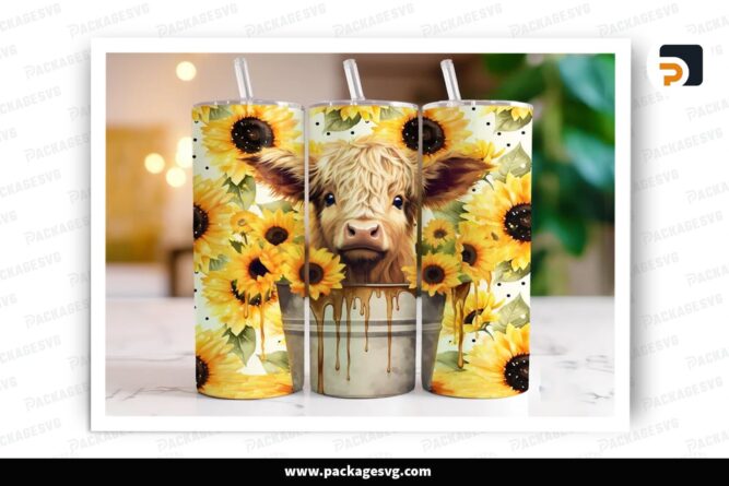 Baby Highland Cow In A Bucket Sublimation, 20oz Sunflower Skinny Tumbler Wrap (1)