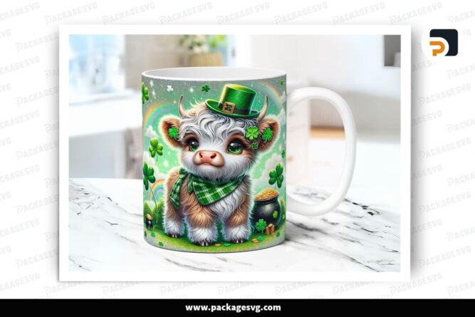 Baby Highland Cow Sublimation Design, 11oz 15oz St Patrick's Day Skinny Mug Wrap (1)