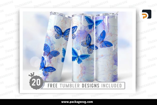 Blue Watercolor Butterfly Sublimation Design, 20oz Skinny Tumbler Wrap (1)