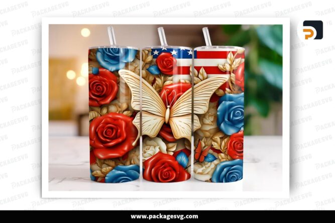 Butterfly American Flag Flowers Sublimation, 20oz Skinny Tumbler Wrap (2)