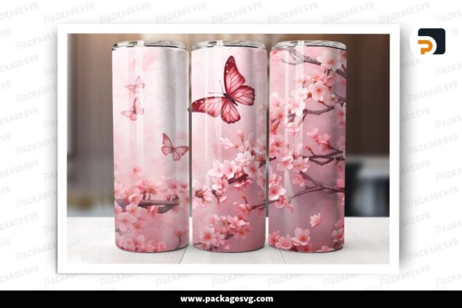 Cherry Blossom Butterfly Sublimation Design, 20oz Skinny Tumbler Wrap (1)