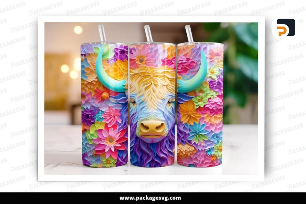 Colorful Highland Cow Sublimation Design, 20oz Skinny Tumbler Wrap (2)