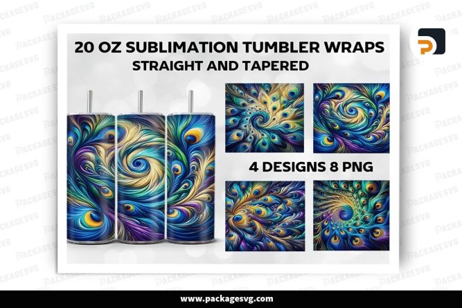 Colorful Peacock Sublimation Design Bundle, 4 20oz Skinny Tumbler Wrap (2)