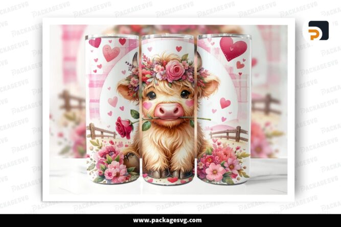 Country Valentine Highland Cow Sublimation Design, 20oz Skinny Tumbler Wrap (2)