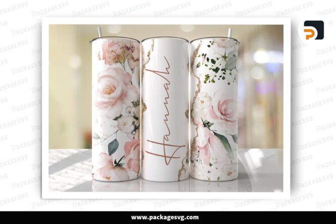 Custom Name Pink Floral Sublimation Design, 20oz Skinny Tumbler Wrap (2)