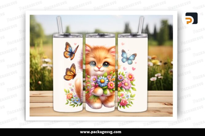 Cute Cat Flowers Sublimation Design, 20oz Skinny Tumbler Wrap LRQ5ZNH8 (2)