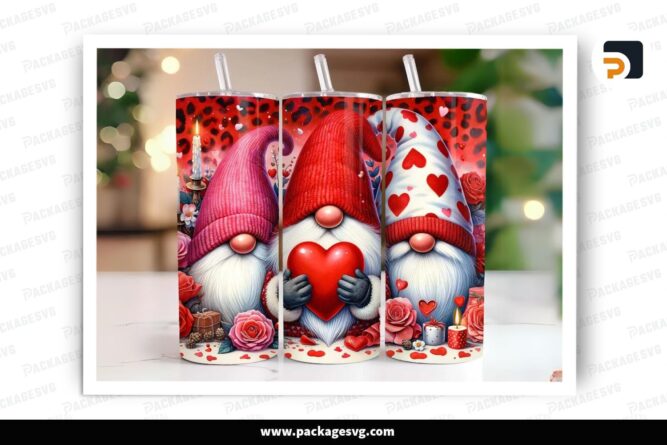 Cute Valentine Gnomes Sublimation Design, 20oz Skinny Tumbler Wrap (2)