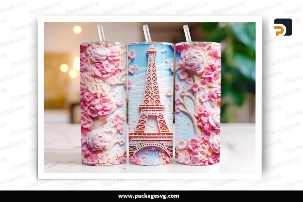 Eiffel Tower Pink Flower Sublimation Design, 20oz Skinny Tumbler Wrap (2)