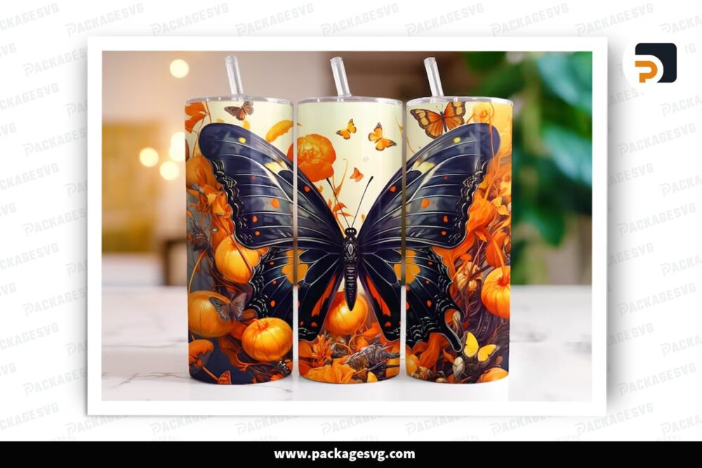 Fall Butterfly Sublimation Design, 20oz Halloween Skinny Tumbler Wrap (2)