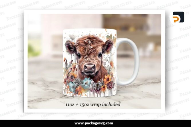 Floral Baby Highland Cow Sublimation Design, 11oz 15oz Skinny Mug Wrap (1)