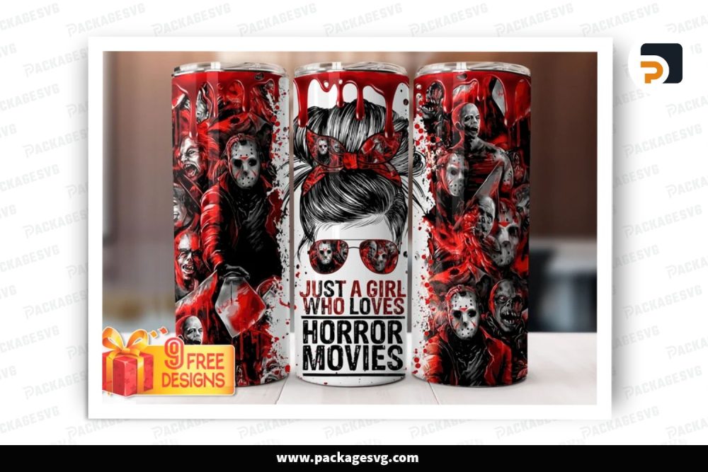 Girl Who Loves Horror Movies Sublimation Design, 20oz Skinny Tumbler Wrap (2)