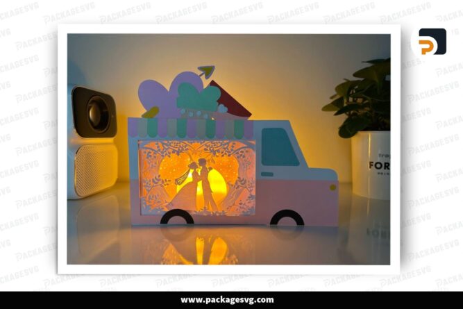 Happy Wedding Love Truck Lantern, Valentine SVG Paper Cut File (2)