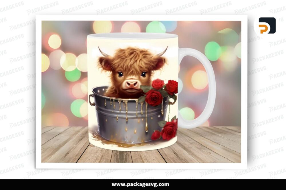 Highland Cow Bucket Rose Sublimation, 11oz 15oz Valentine Skinny Mug Wrap (1)