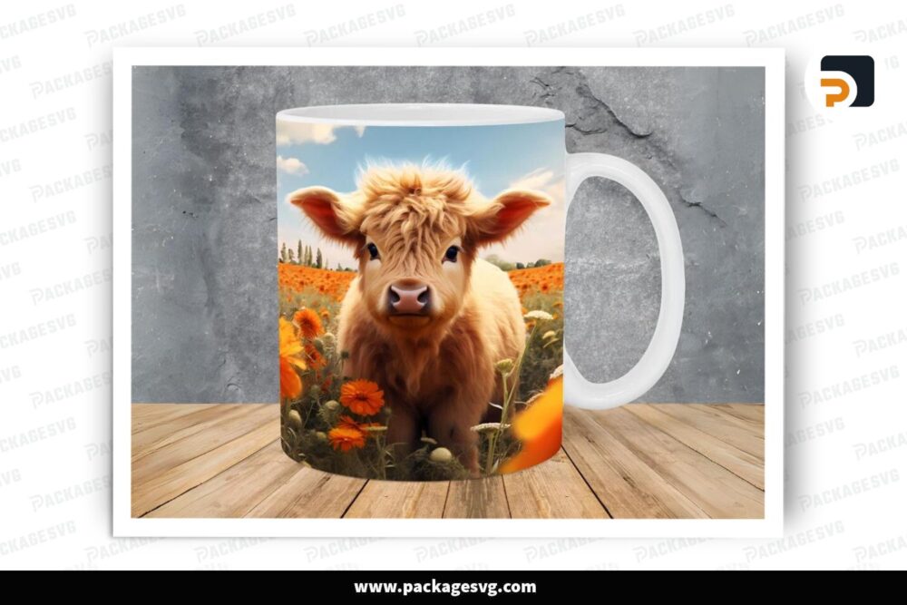 Highland Cow Flowers Field Sublimation, 11oz 15oz Skinny Mug Wrap (1)
