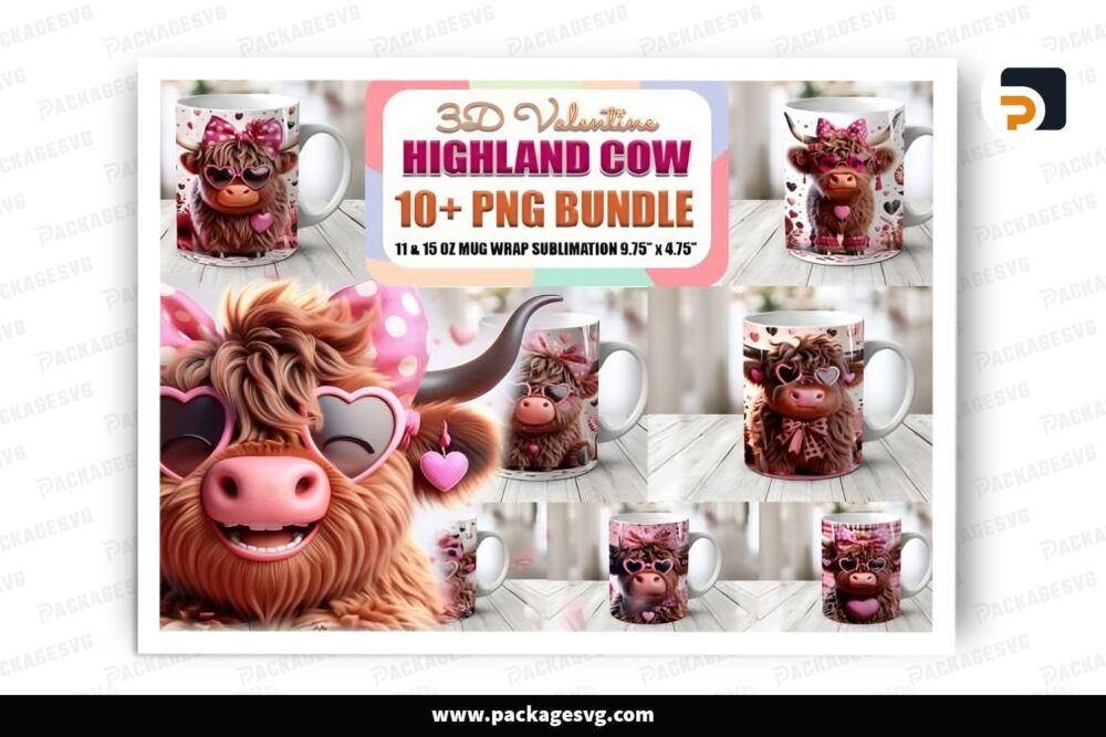 Highland Cow Sublimation Design Bundle, 14 11oz 15oz Valentine Skinny Mug Wrap LRUDMEK2 (4)