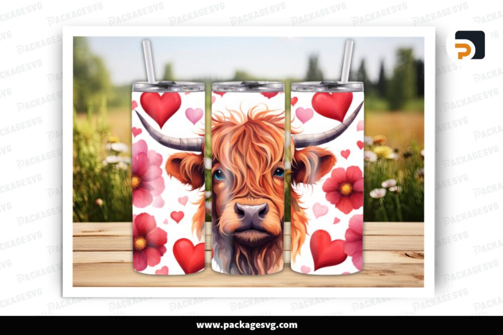 Highland Cow Valentine Sublimation Design, 20oz Skinny Tumbler Wrap LRQ5ZHUZ (1)