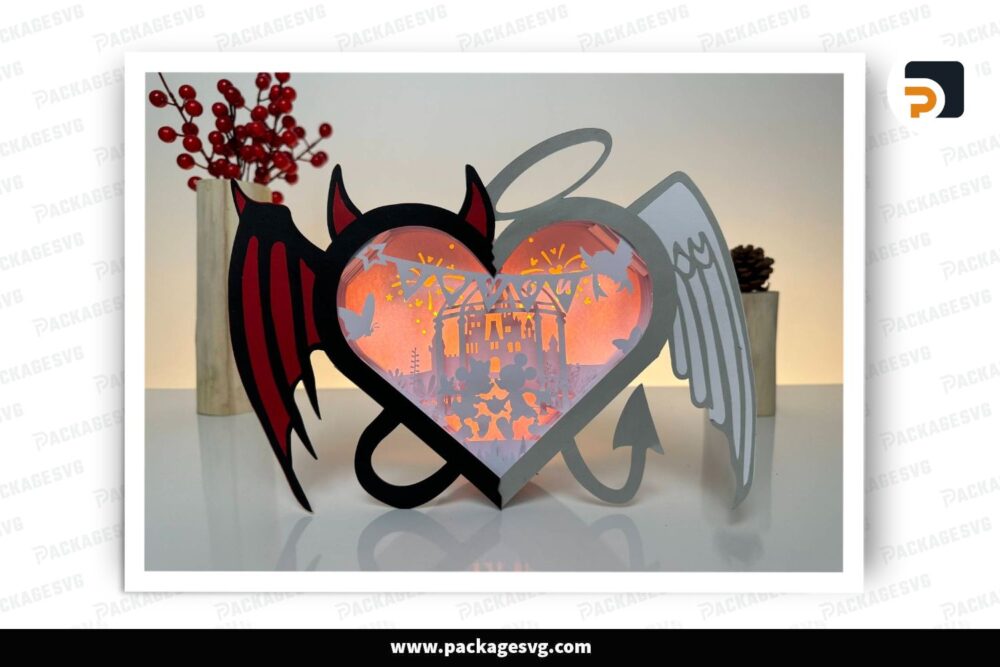 Mickey Couple Heart Lantern, Disney Valentine SVG Paper Cut File (3)