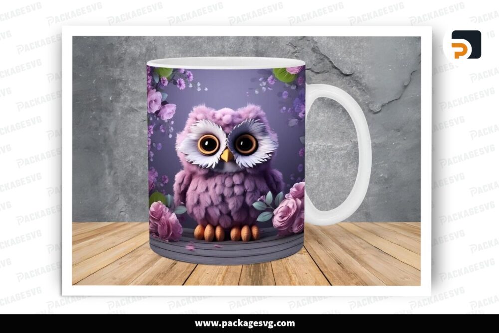 Owl Purple Pink Flowers Sublimation, 11oz 15oz Skinny Mug Wrap (2)