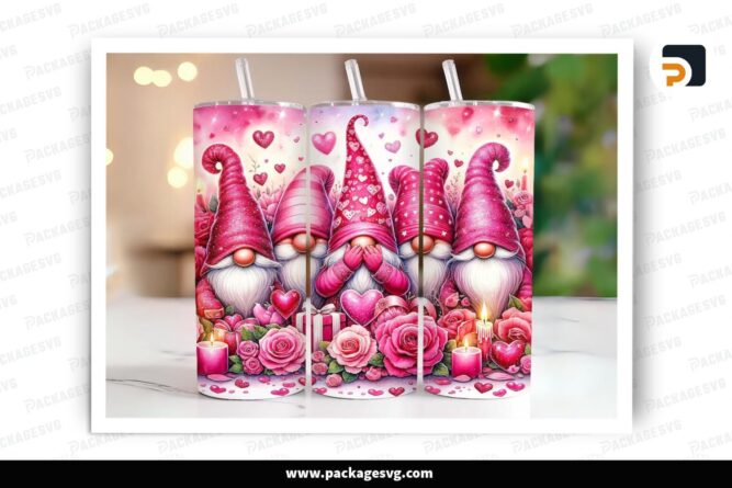 Pink Gnomes Sublimation Design, 20oz Valentine Skinny Tumbler Wrap (1)