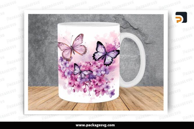 Pink Purple Butterflies Flowers Sublimation, 11oz 15oz Skinny Mug Wrap LRA3G2W3 (1)
