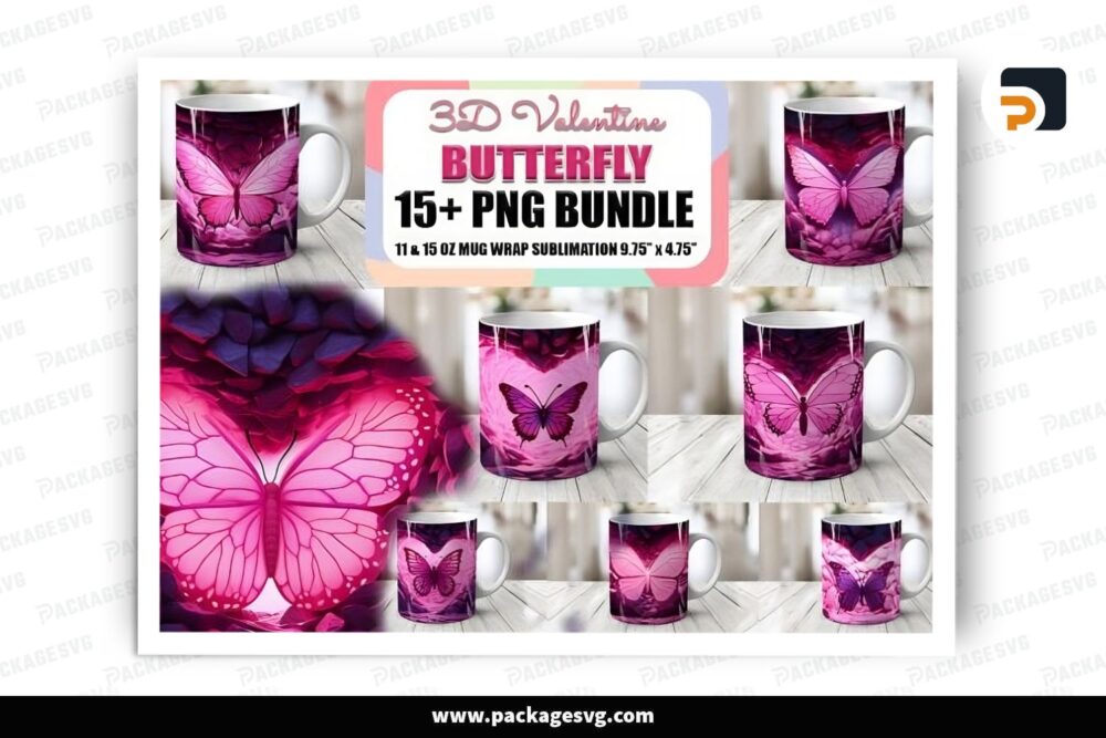 Pink Valentine Butterfly Sublimation Design Bundle, 17 11oz 15oz Skinny Mug Wrap LRUDLIJU (4)