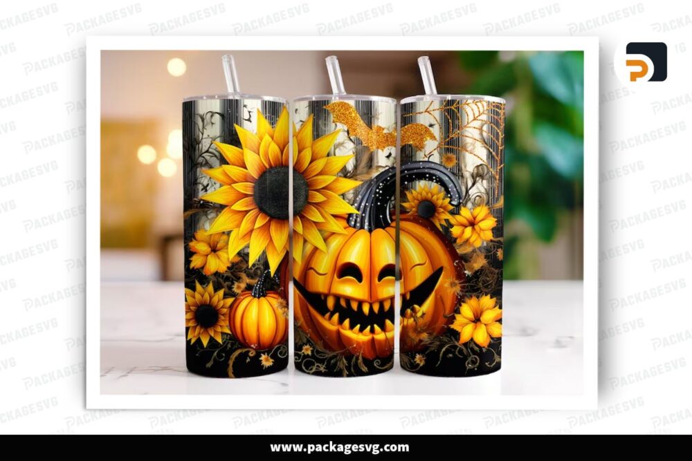Pumpkins With Sunflowers Sublimation Design, 20oz Halloween Skinny Tumbler Wrap (2)