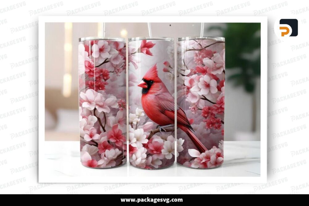 Red Cardinal Bird Flowers Sublimation Design, 20oz Skinny Tumbler Wrap (2)