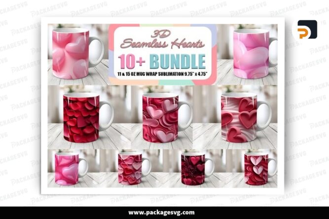 Seamless Hearts Sublimation Design Bundle, 10 11oz 15oz Valentine Skinny Mug Wrap (2)