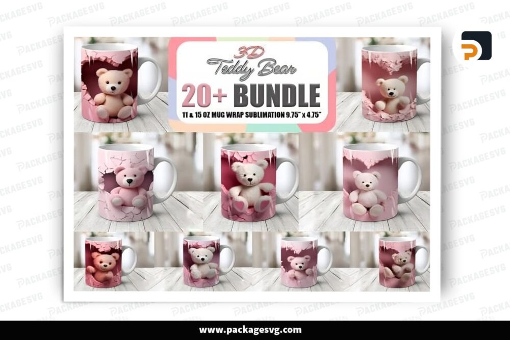 Teddy Bear Sublimation Design Bundle, 22 11oz 15oz Valentine Skinny Mug Wrap LRUDM7YB (3)