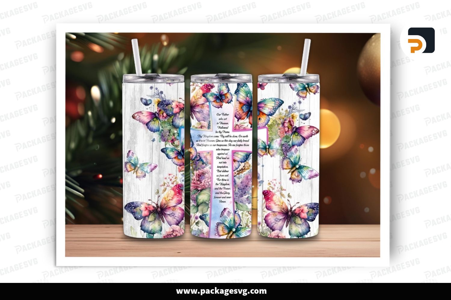 The Lord's Prayer Sublimation Design, Butterfly Cross 20oz Skinny Tumbler Wrap (2)
