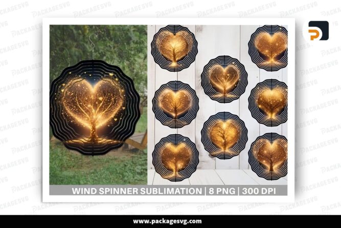 Tree Shape Heart Gold Wind Spinner Bundle, 8 PNG Sublimation Design (2)