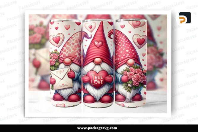 Valentine Gnomes Sublimation Design, 20oz Valentine Skinny Tumbler Wrap (1)
