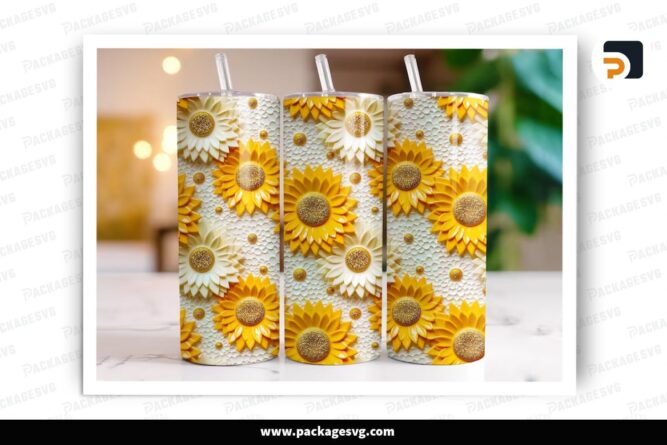 White Yellow Sunflowers Sublimation, 20oz Skinny Tumbler Wrap (2)
