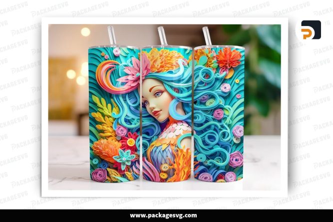 3D Colorful Mermaid Sublimation Design, 20oz Skinny Tumbler Wrap (1)