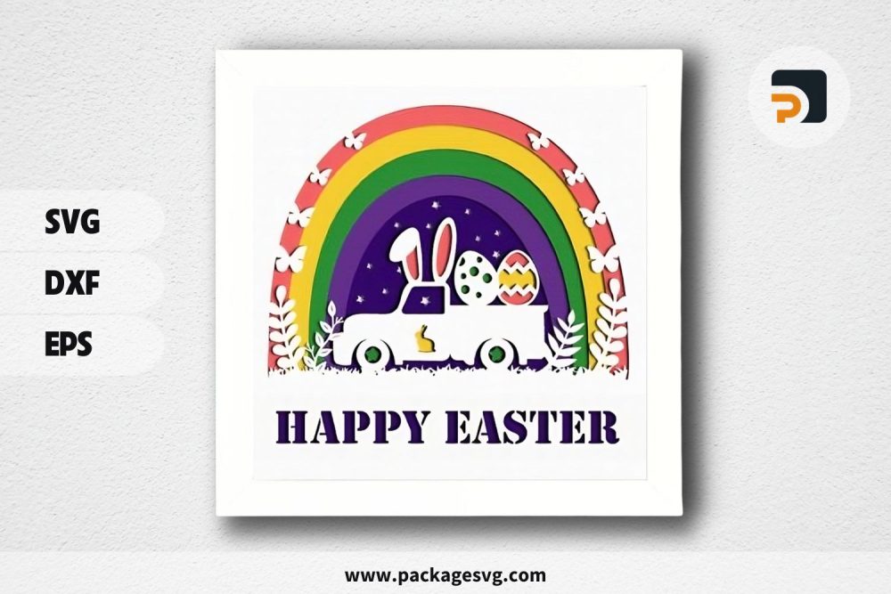 3D Easter Bunny Truck Shadowbox, SVG Paper Cut File (1)
