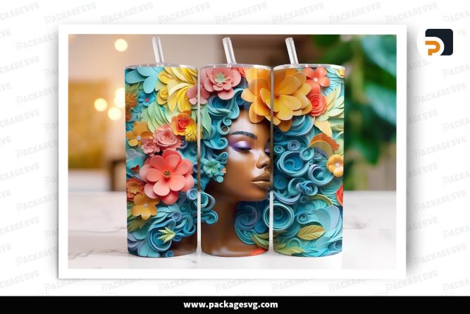 3D Flower Black Women Sublimation Design, 20oz Skinny Tumbler Wrap (1)