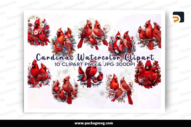 Cardinal Watercolor Clipart Bundle, 10 PNG Sublimation Design (1)