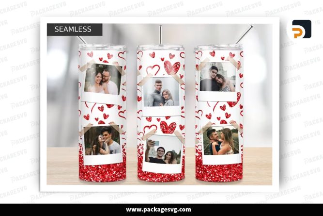 Custom Photo Glitter Hearts Sublimation Design, 20oz Valentine Skinny Tumbler Wrap (1)