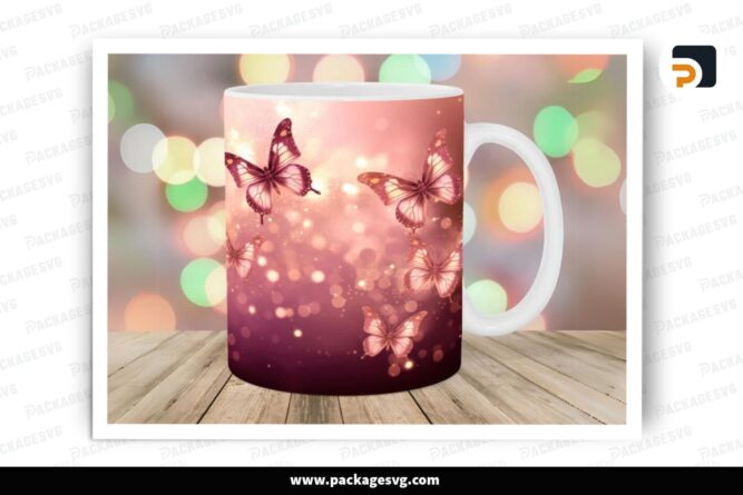 Rose Gold Glitter Butterflies Sublimation, 11oz 15oz Skinny Mug Wrap LREY1C97